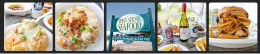 Collage of seafood dishes, seafood market signage, wine table, and toasted sandwich