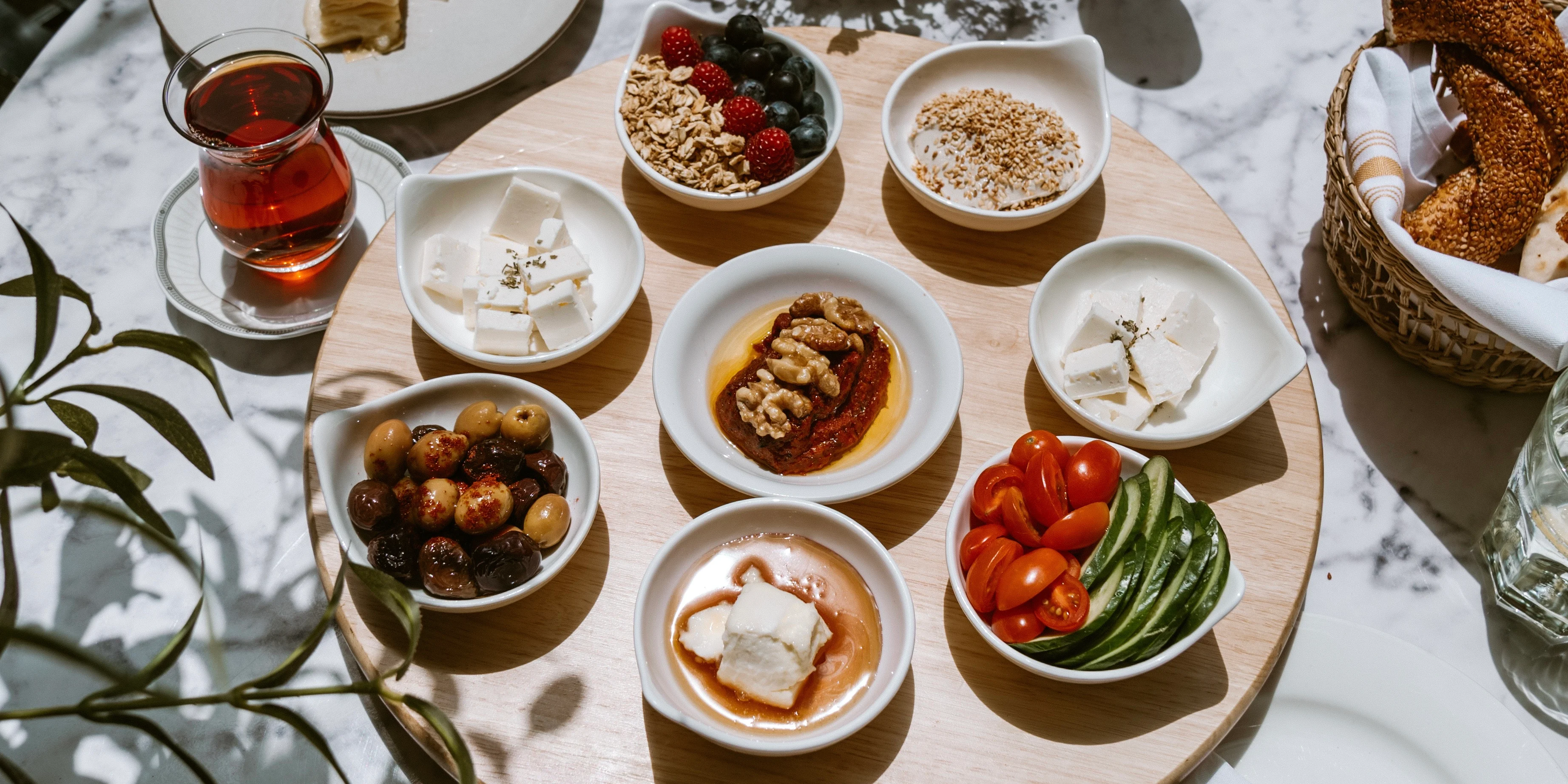 Traditional Turkish breakfast spread with assorted cheeses and olives