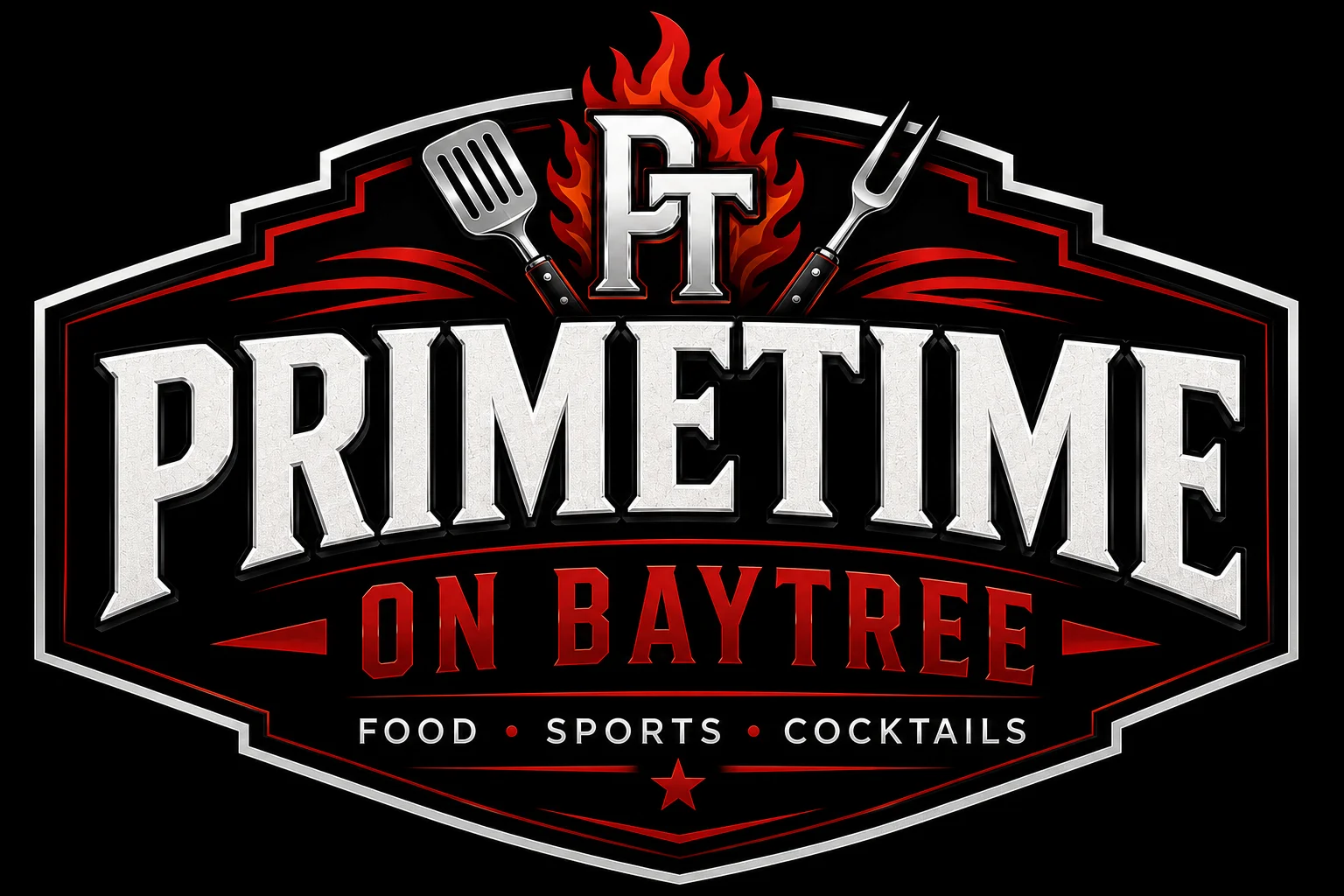 A logo featuring the name 'Primetime on Baytree' with a design that includes grilling implements and flames, suggesting a focus on food, sports, and cocktails.