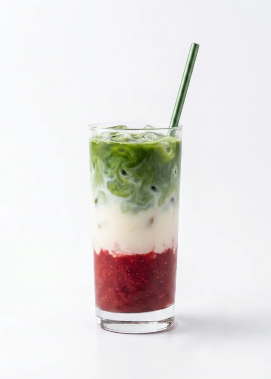 Layered matcha strawberry latte in a tall glass