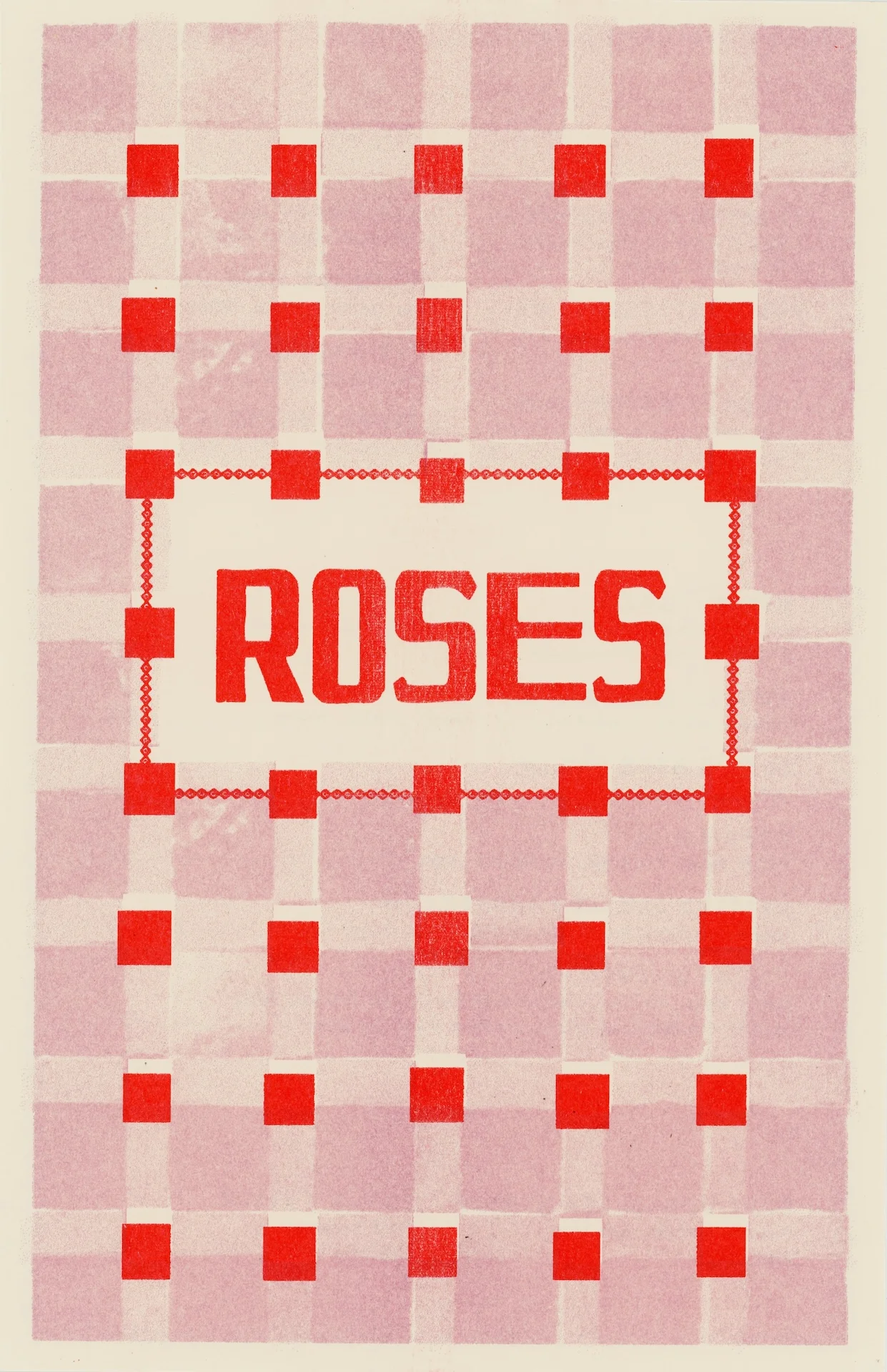 Vintage design featuring the word 'ROSES' in bold red on a patterned background