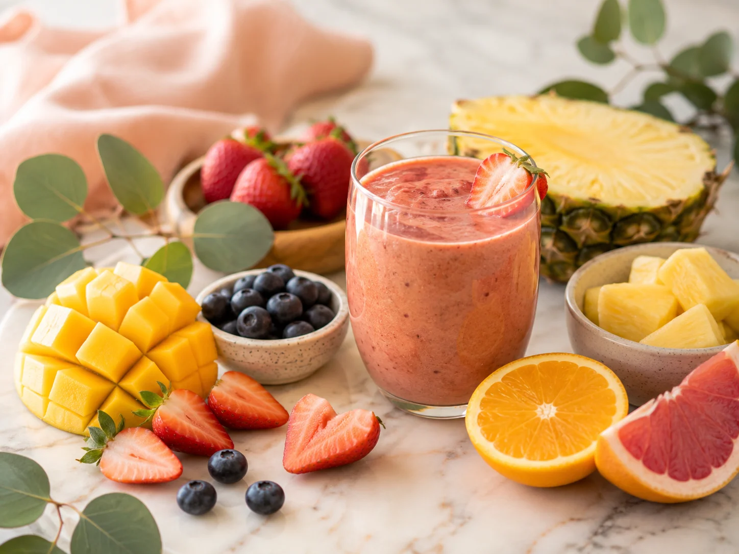 Tropical fruit smoothie in a glass with fresh fruits