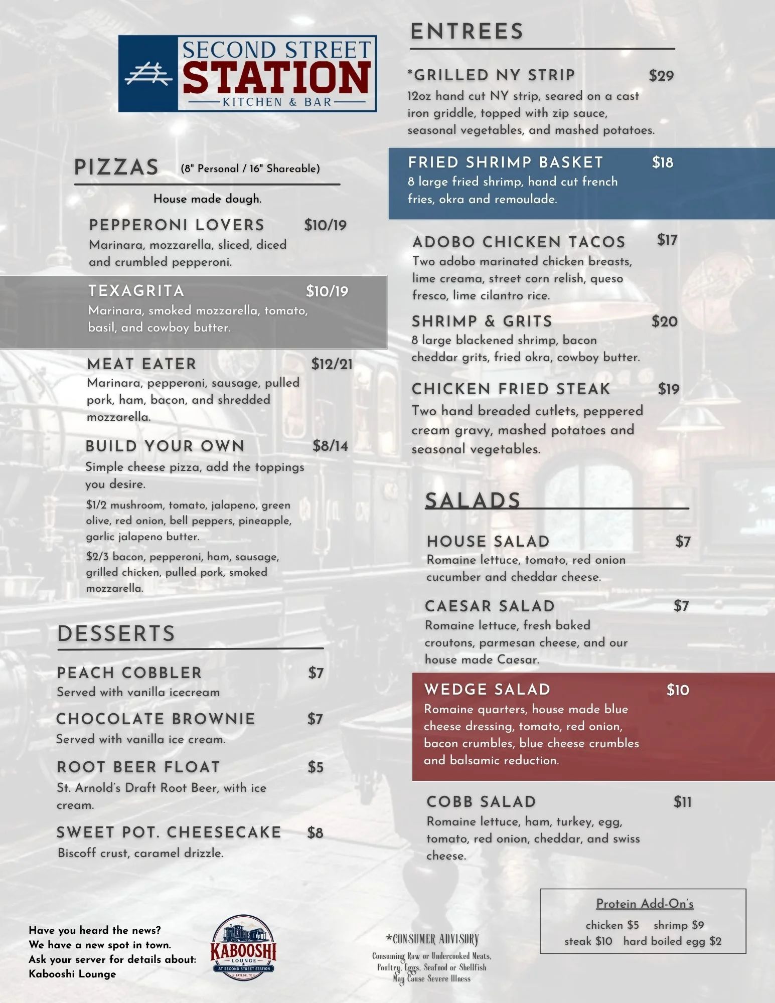 Menu of Second Street Station Kitchen & Bar featuring diverse American dishes