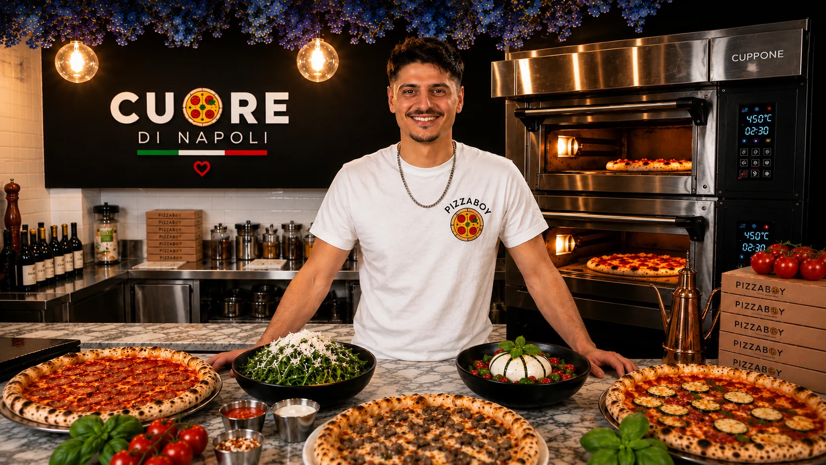 Authentic Neapolitan pizza selection in a vibrant pizzeria