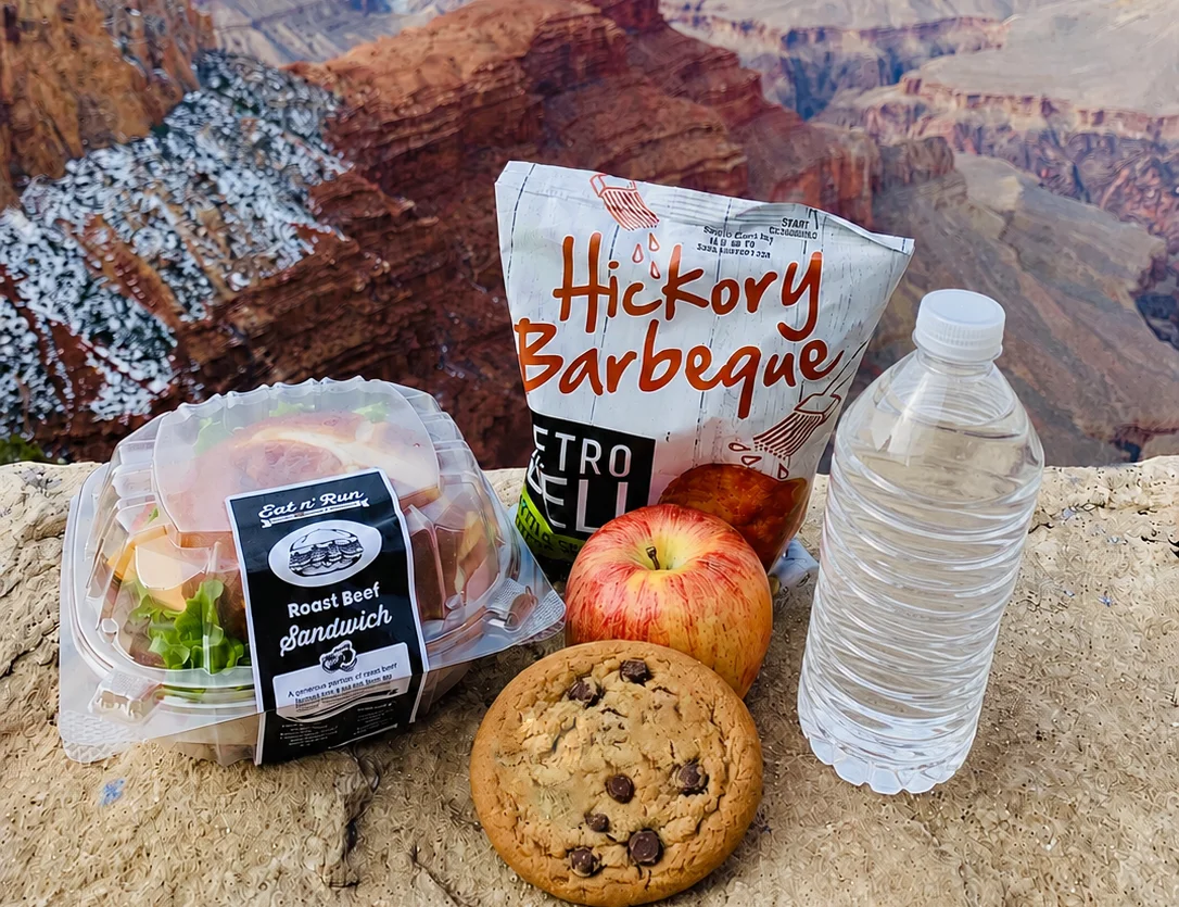 Picnic meal with roast beef sandwich at the Grand Canyon