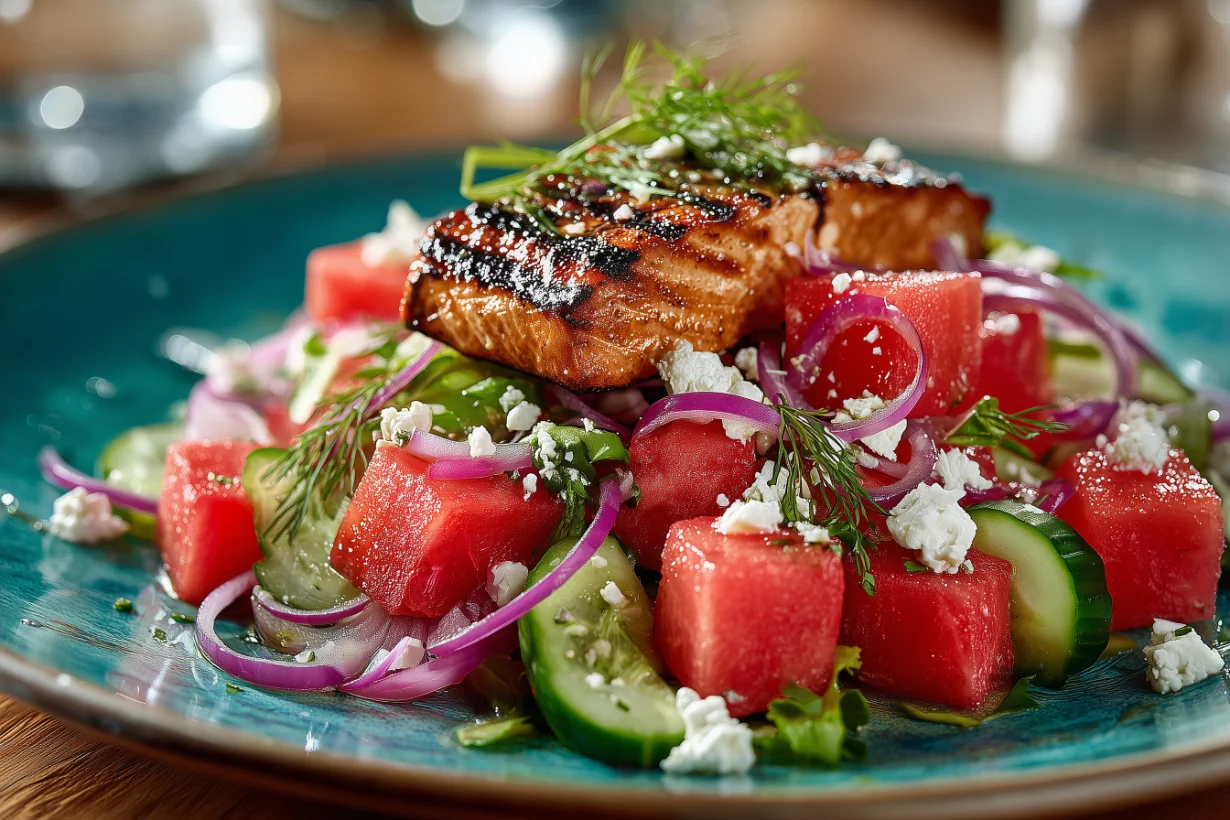 Grilled salmon over watermelon-cucumber-feta salad at Allegheny Creamery—top dinner restaurant near me in Hollidaysburg & Altoona PA, best dinner near me seafood