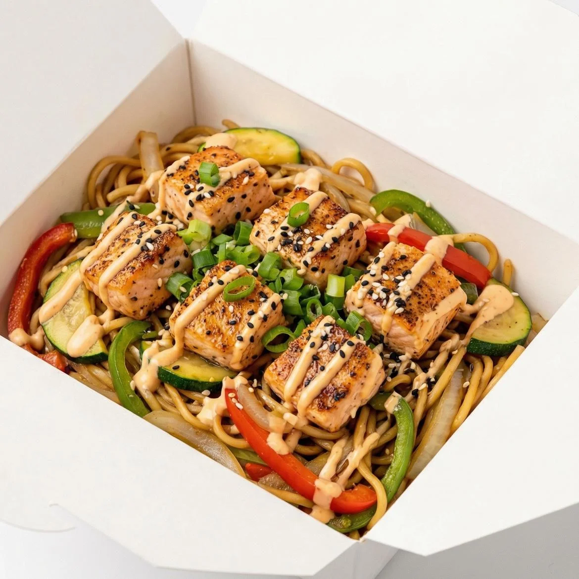 A serving of noodle stir-fry with grilled salmon, vegetables, and sesame seeds, drizzled with a creamy sauce in a takeout container.