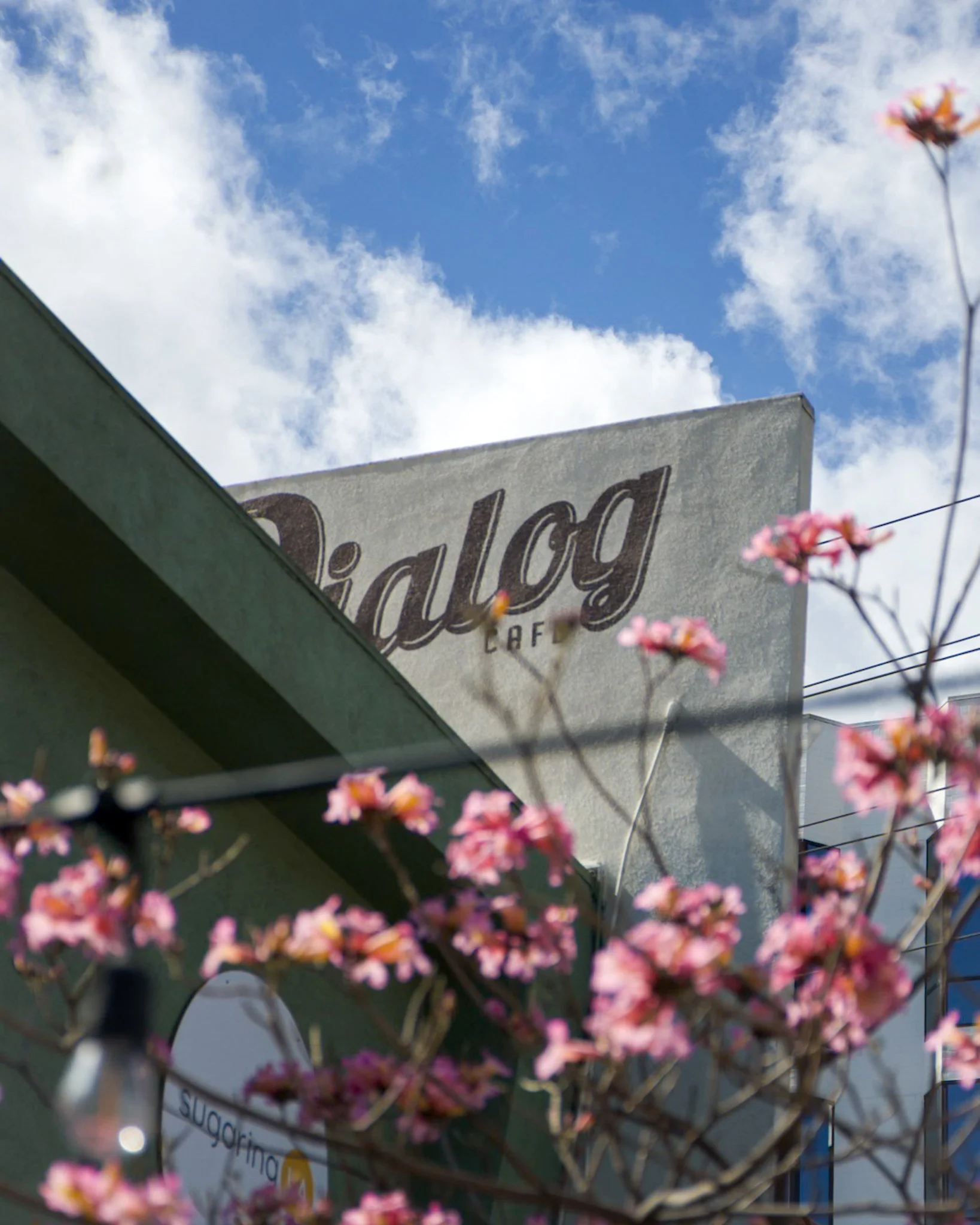 Exterior view of Dialog Cafe with blooming flowers and blue sky