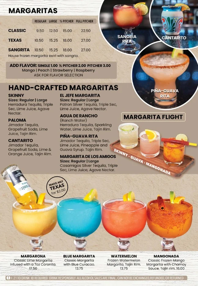 Colorful margarita menu featuring various flavors and styles