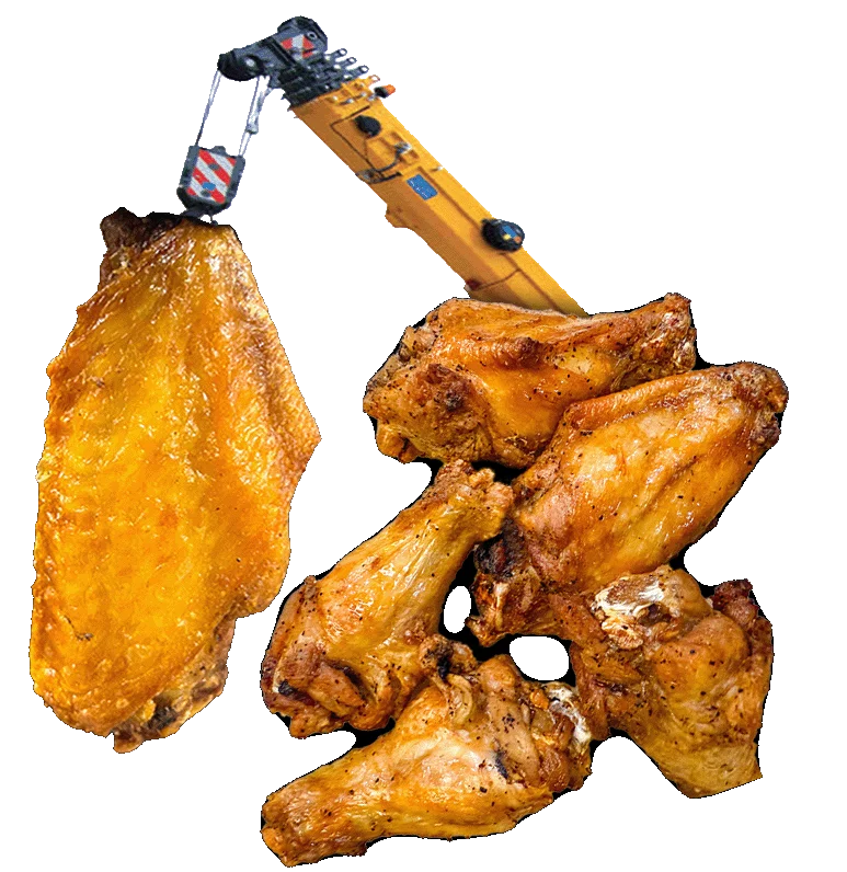 Crispy fried chicken wings with a playful crane