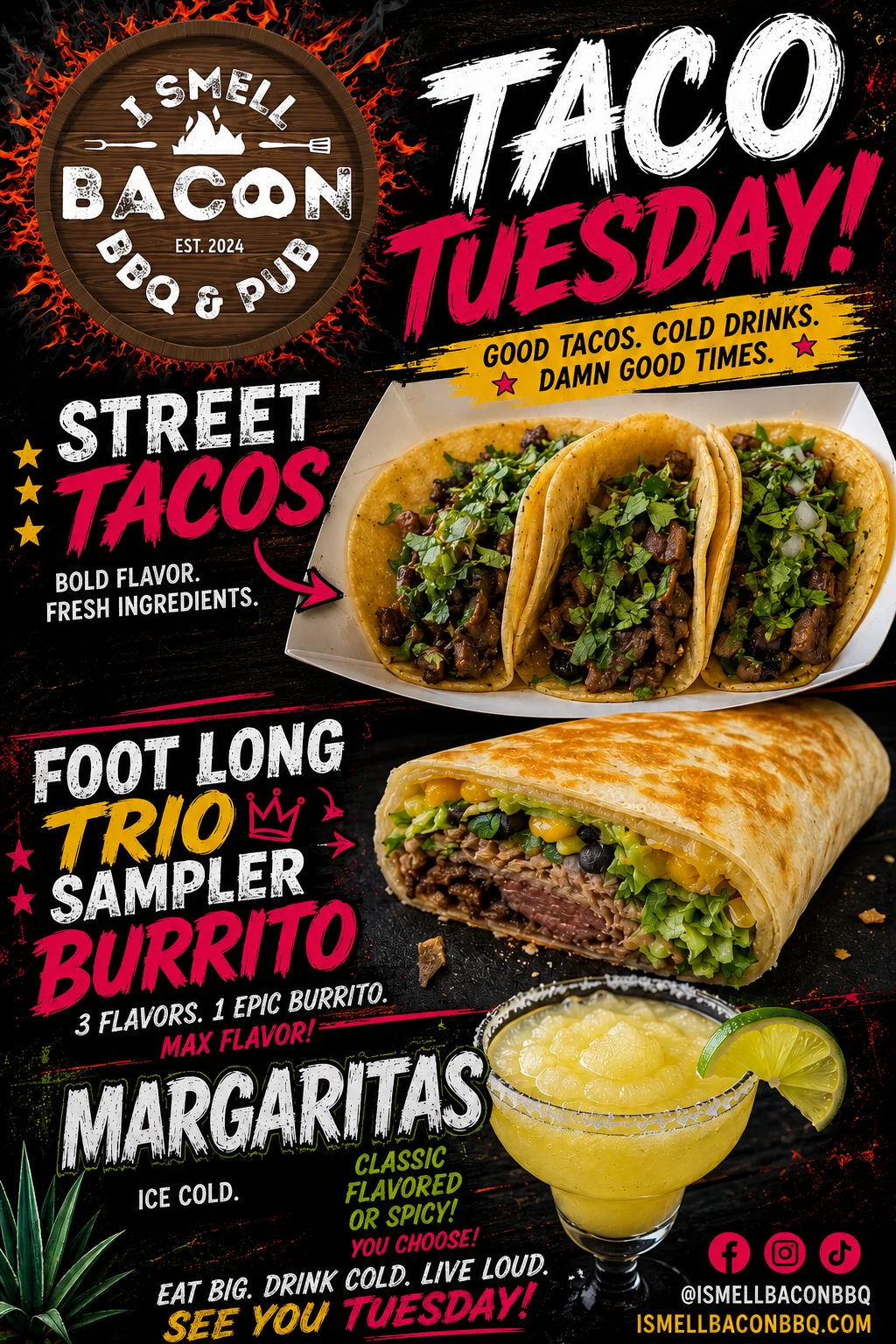 Street tacos and a foot-long burrito at a BBQ pub restaurant