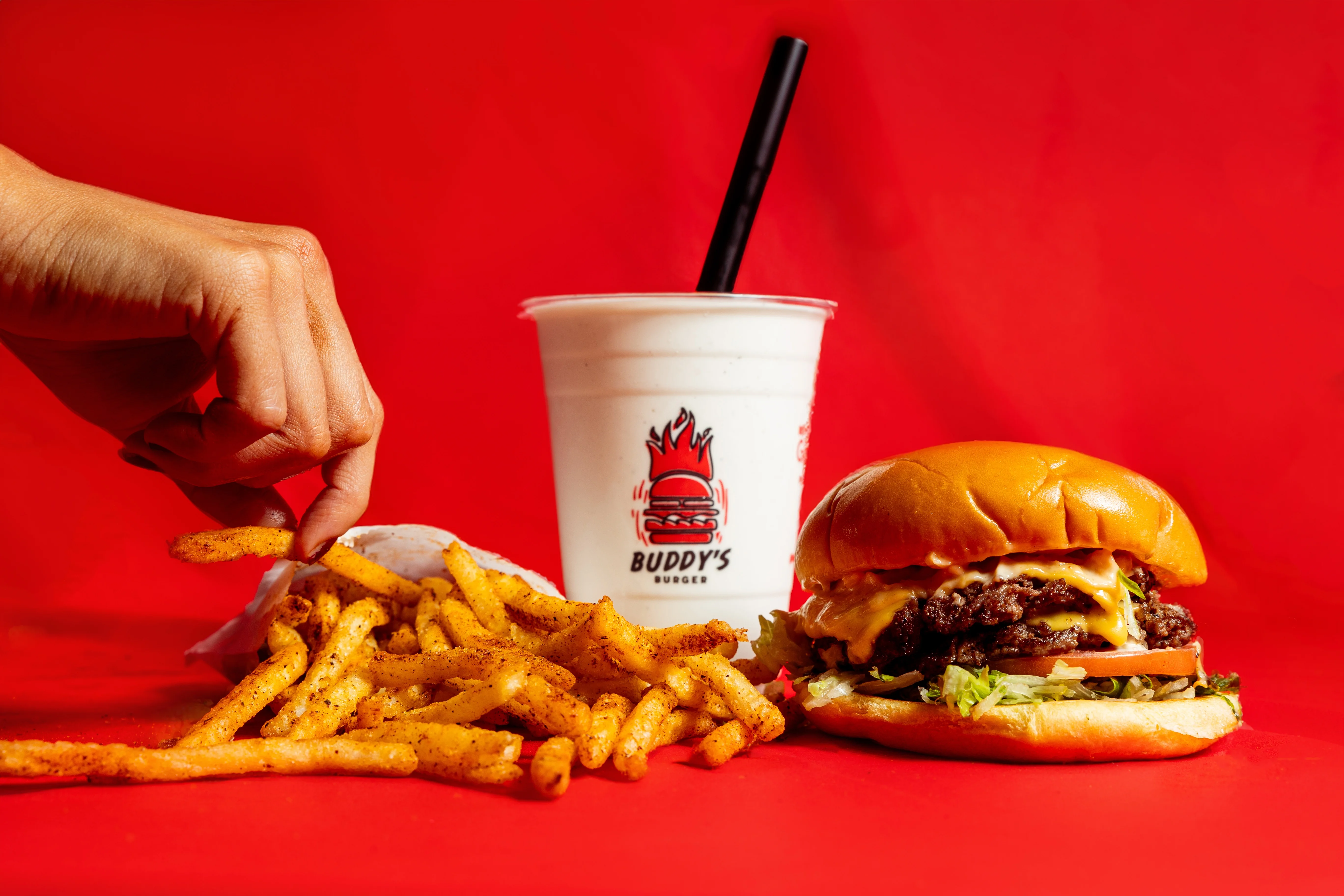 picture of smashburger, fries, and milkshake