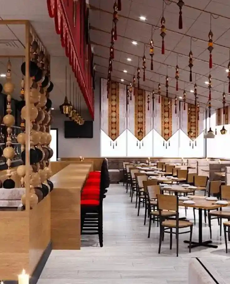 Modern restaurant interior with elegant decor and seating