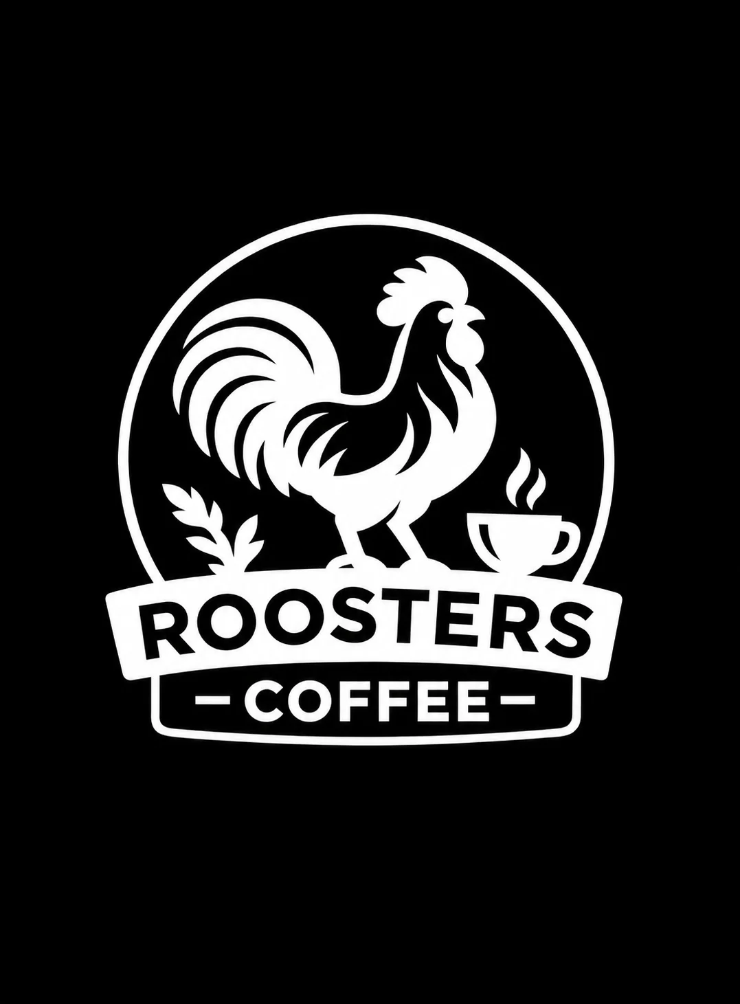 A logo featuring a rooster and a coffee cup, with the text 'ROOSTERS COFFEE'. The design is in white against a black background.