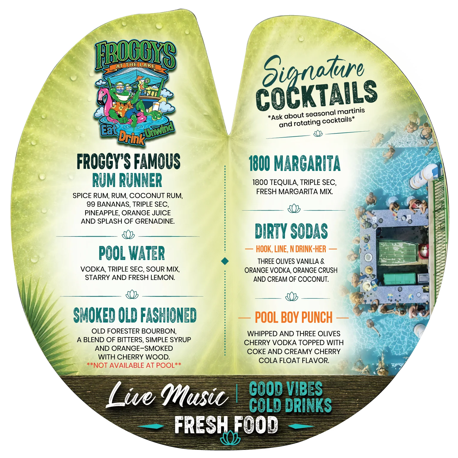 Menu featuring signature cocktails and drinks at Froggy's at the Lake.