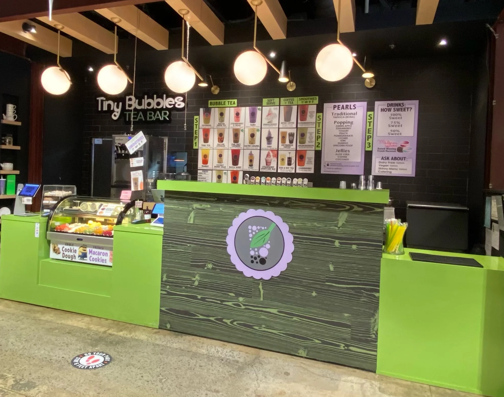Modern tea bar interior with vibrant decor