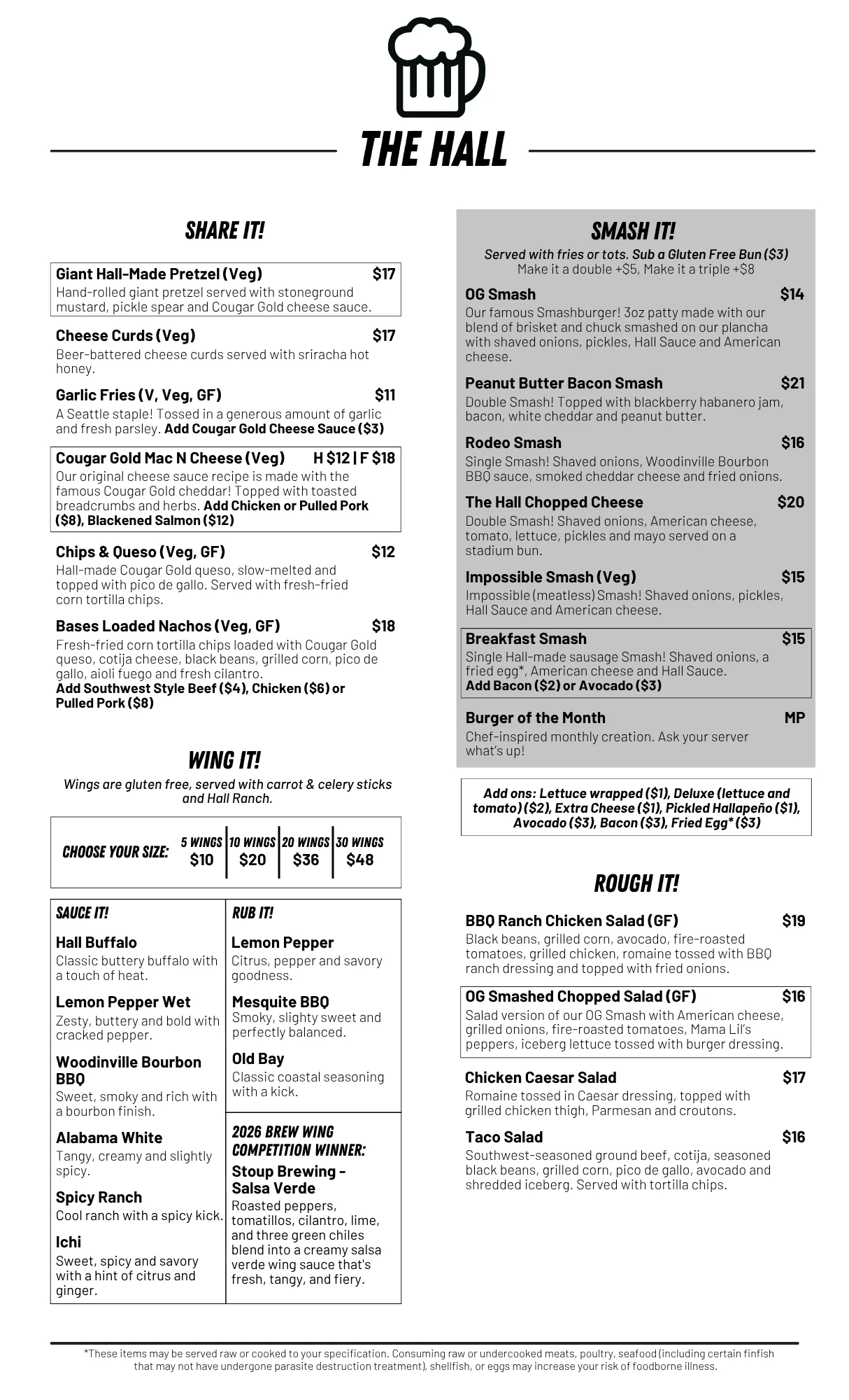 Menu featuring American comfort food and craft beer selections