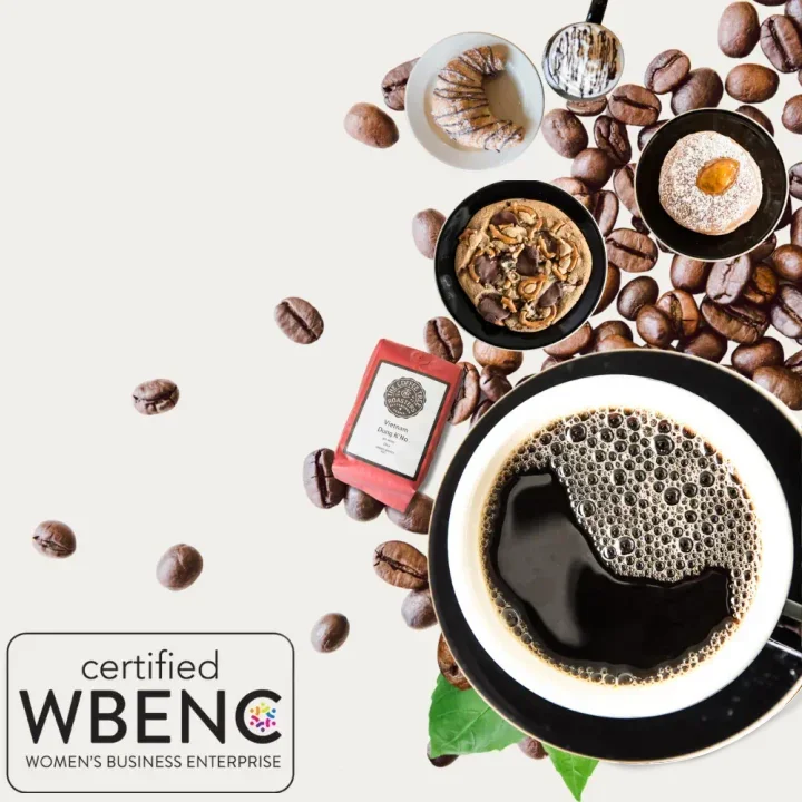 Coffee cup surrounded by beans, pastries, and a chocolate bar. "Certified WBENC Women's Business Enterprise" logo in the bottom left corner. Warm and inviting.