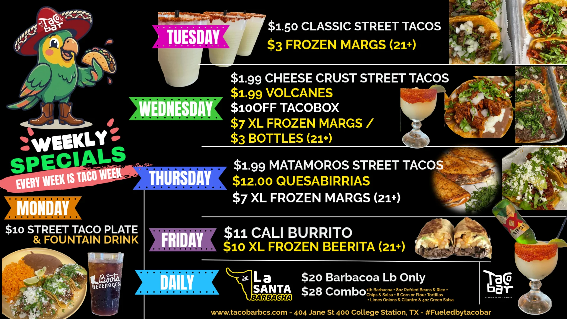 Fútbol season specials at a vibrant taco bar with colorful decor