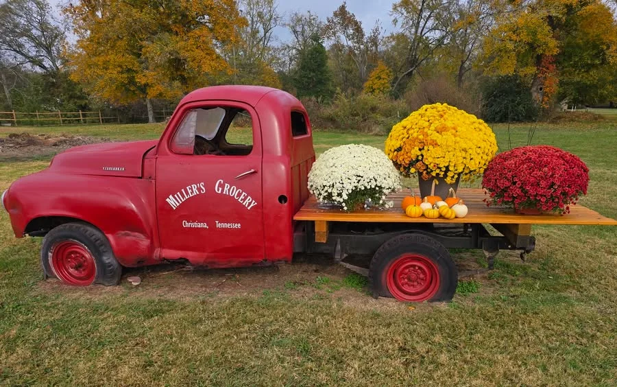 millers truck parked with flowers on flatbed