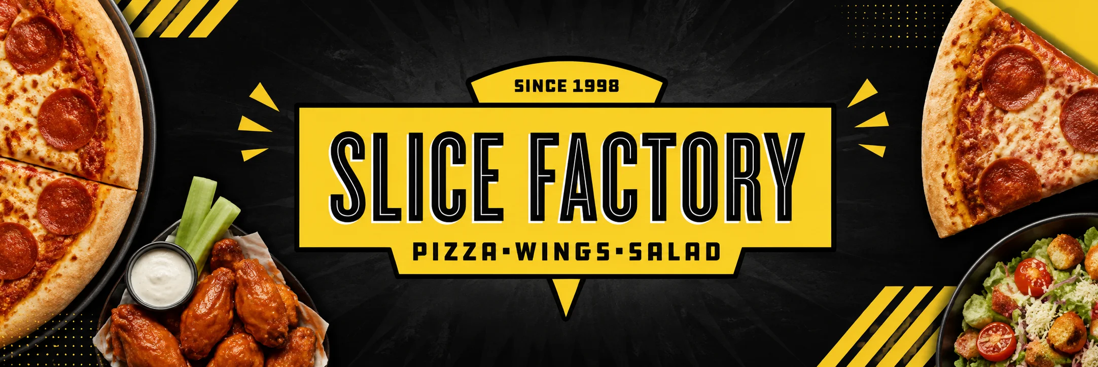 Slice Factory pizza, wings and salad with the signature yellow logo