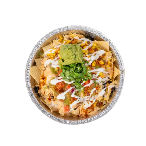 Nachos with pork, rice and pico