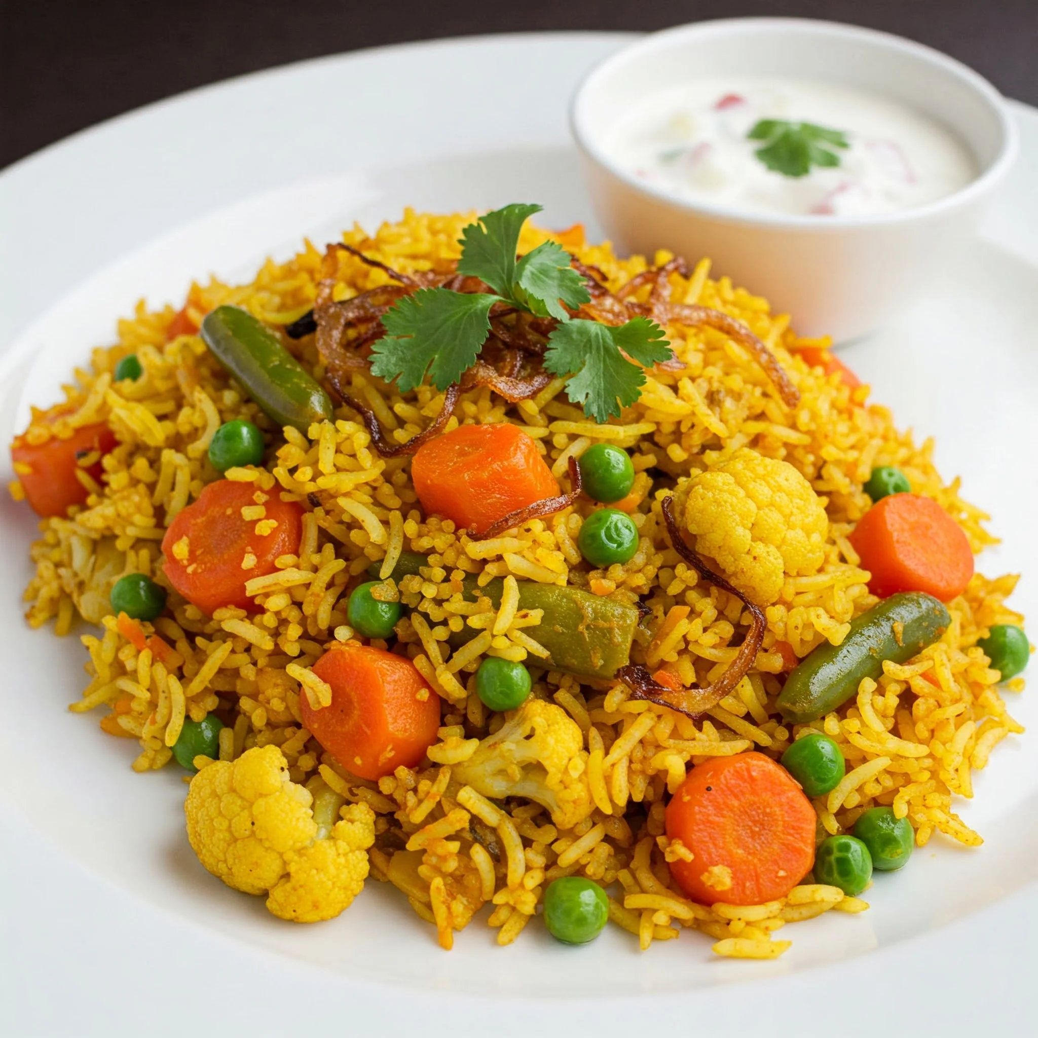 Vegetable biryani served with raita in a white bowl