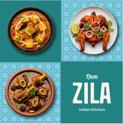 A colorful display of Indian cuisine featuring paneer, grilled chicken, and a rich meat dish, artfully arranged on plates.