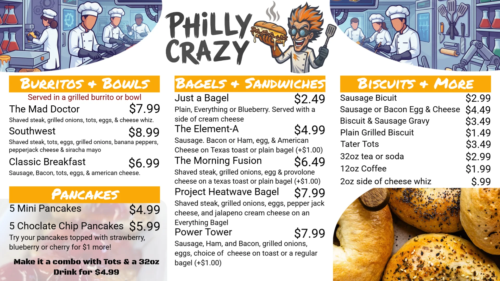 Menu featuring burritos, bagels, and pancakes at a casual eatery