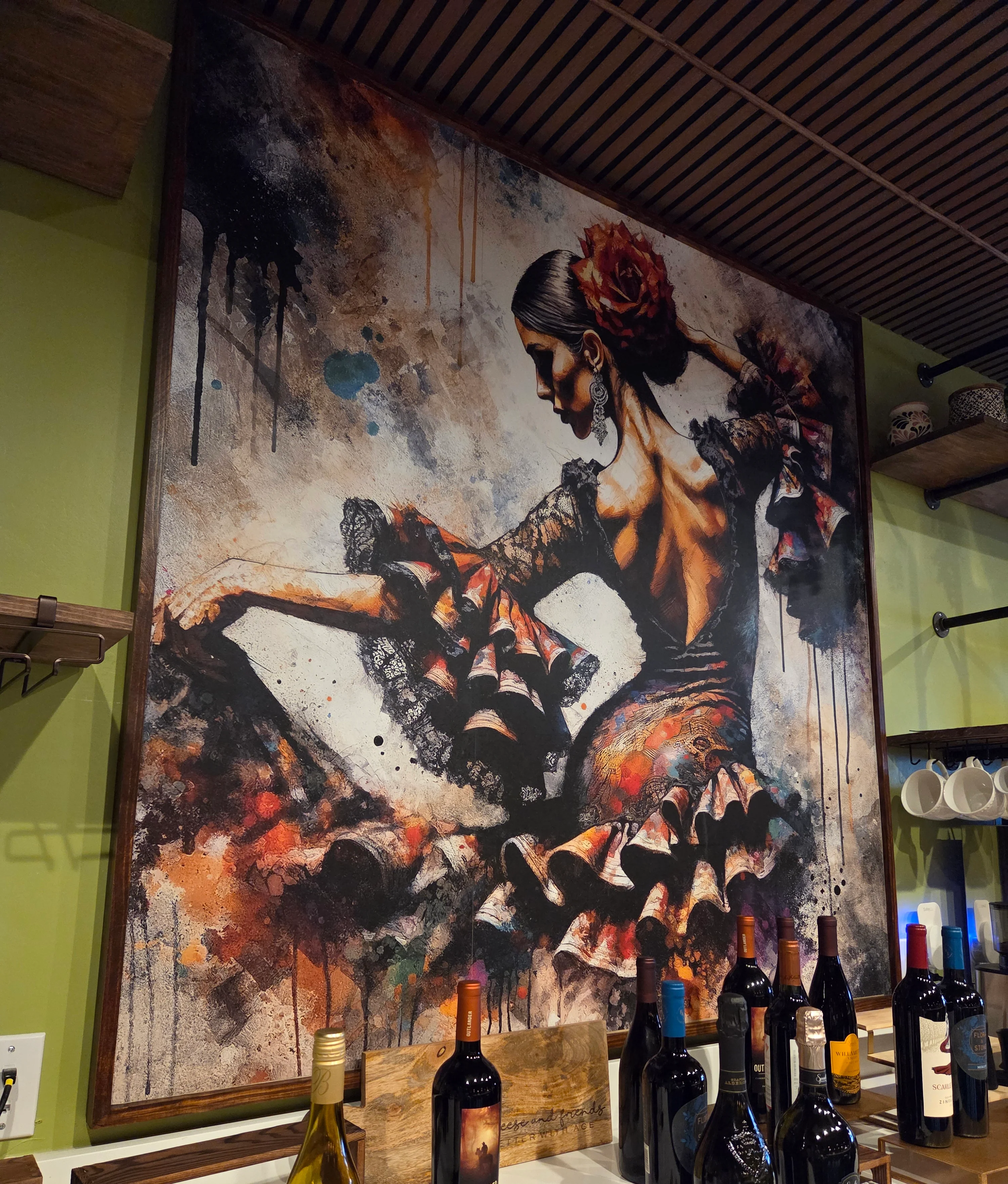 Vibrant flamenco dancer mural in a stylish restaurant