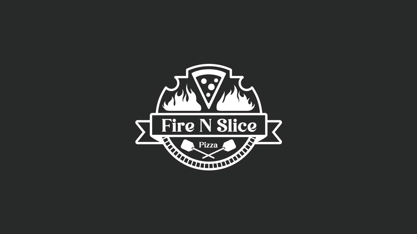 A red logo for a pizza brand, showcasing flames and a slice of pizza. The background is black, enhancing the logo's visibility.