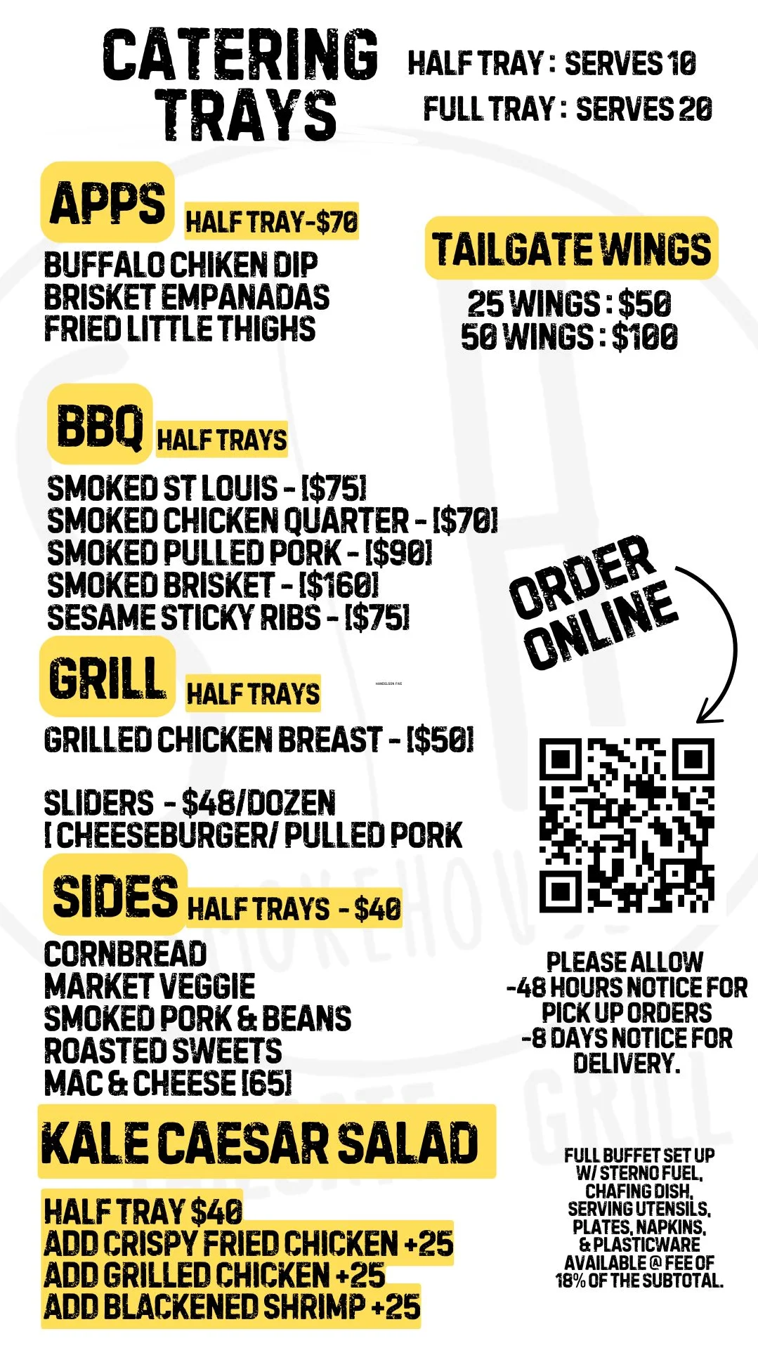 Catering menu featuring BBQ and appetizers for events