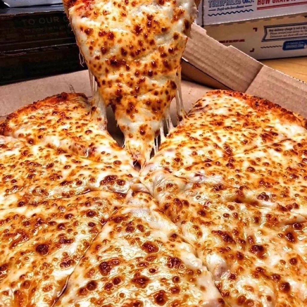 Cheesy cheese pizza with gooey melted cheese