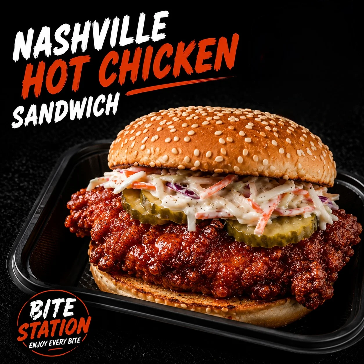 Nashville hot chicken sandwich with coleslaw and pickles