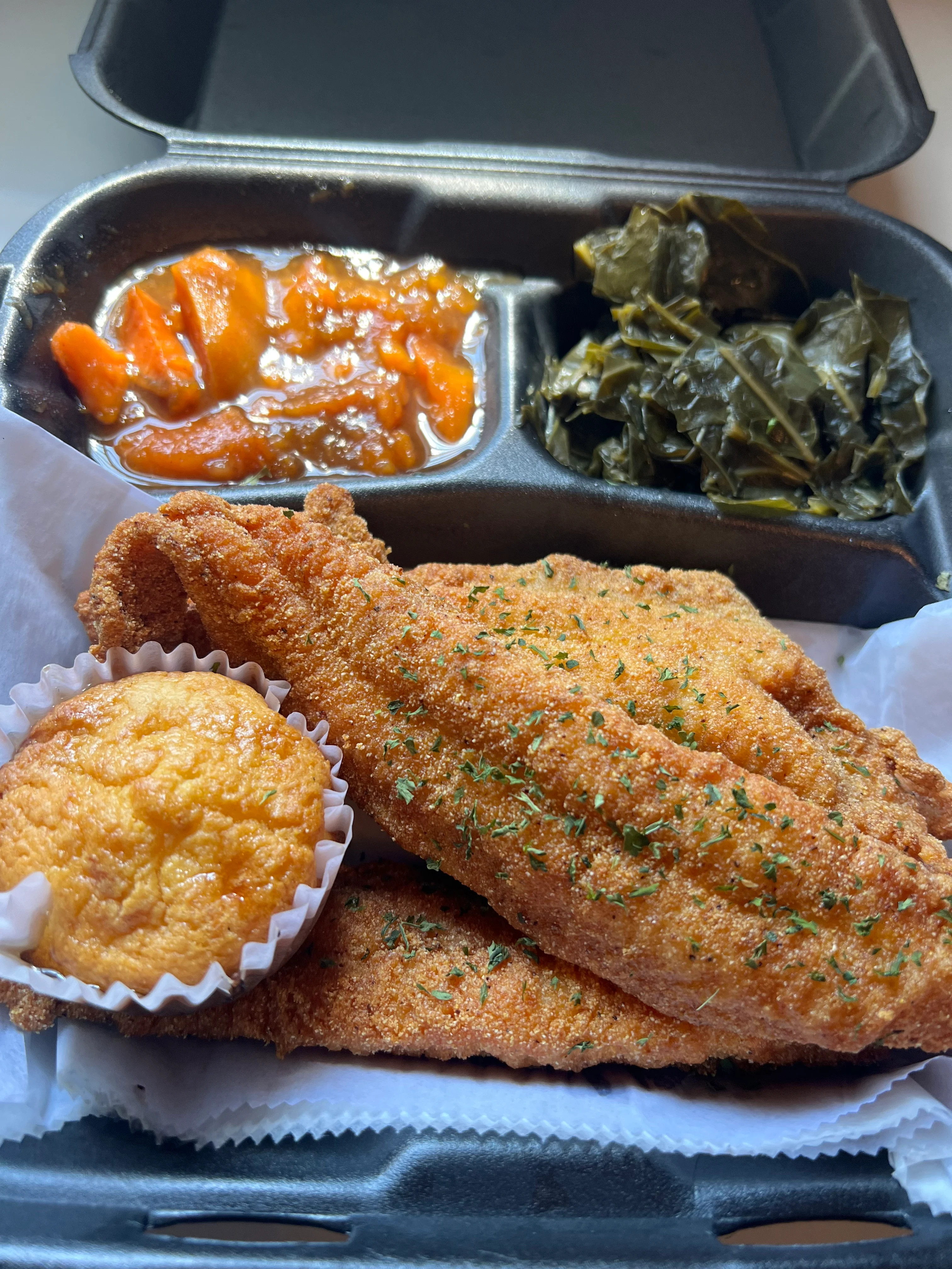 Southern fried catfish with cornbread and collard greens