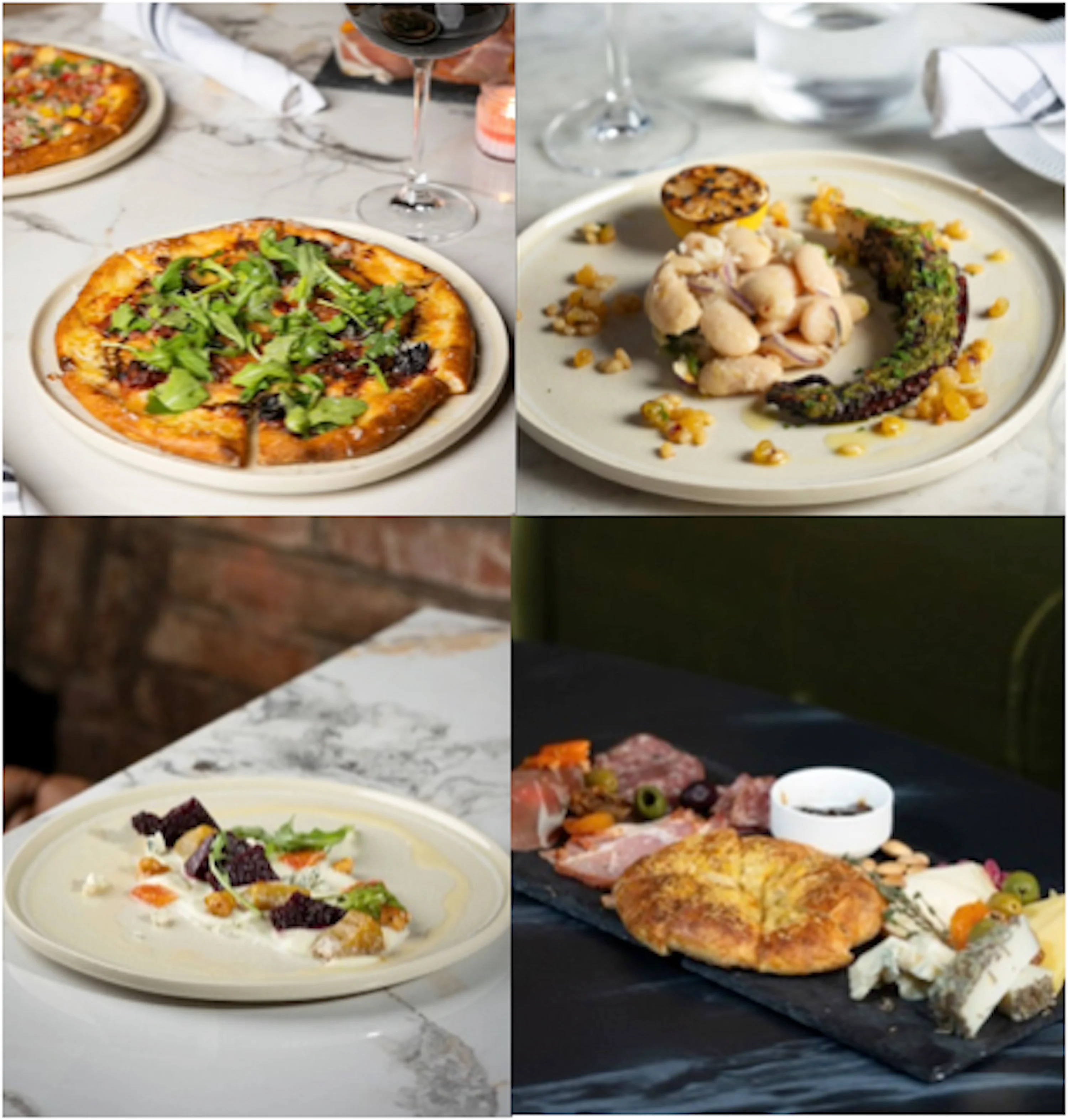 Artisan pizza and Mediterranean seafood dishes in a stylish restaurant setting