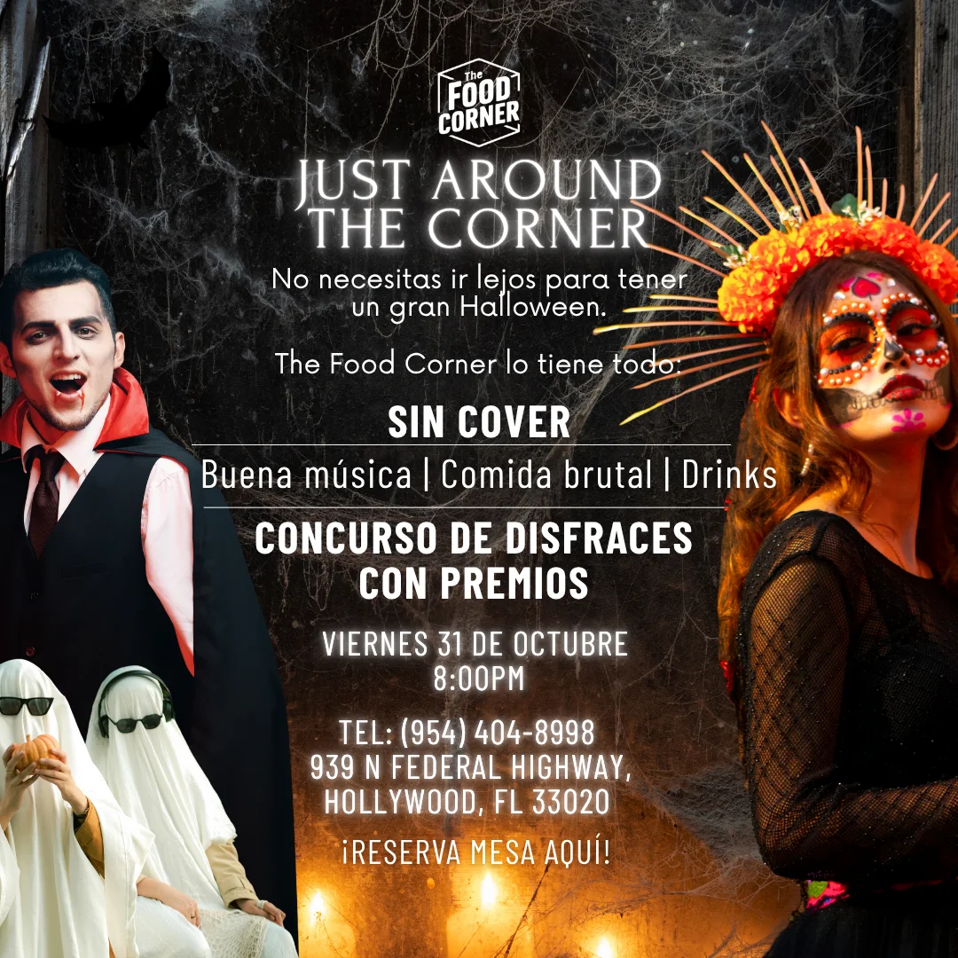 Halloween event flyer for The Food Corner with costume contest details