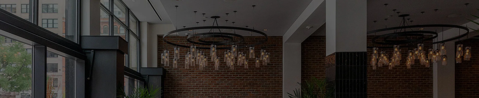 Cozy restaurant interior with modern lighting and exposed brick walls