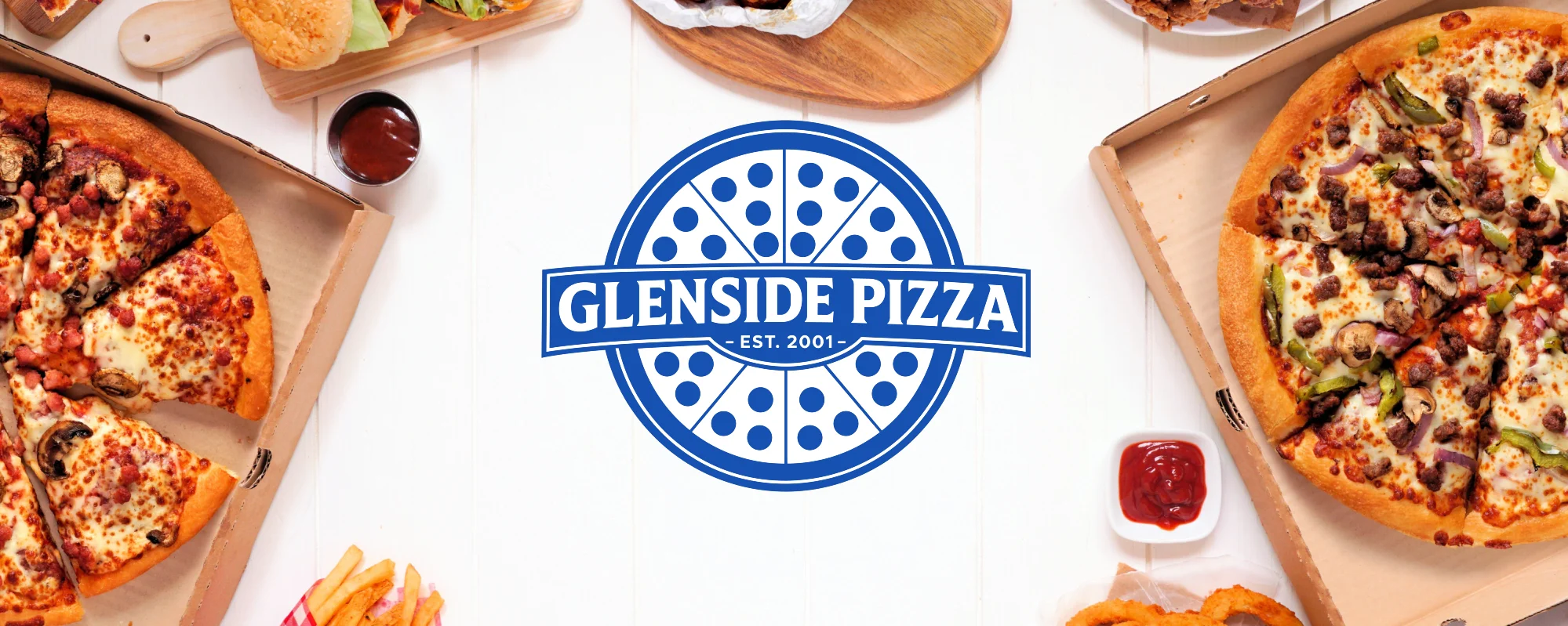 Logo of Glenside Pizza, established 2001, featuring a pizza design.