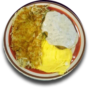 Classic American breakfast with hash browns and omelette