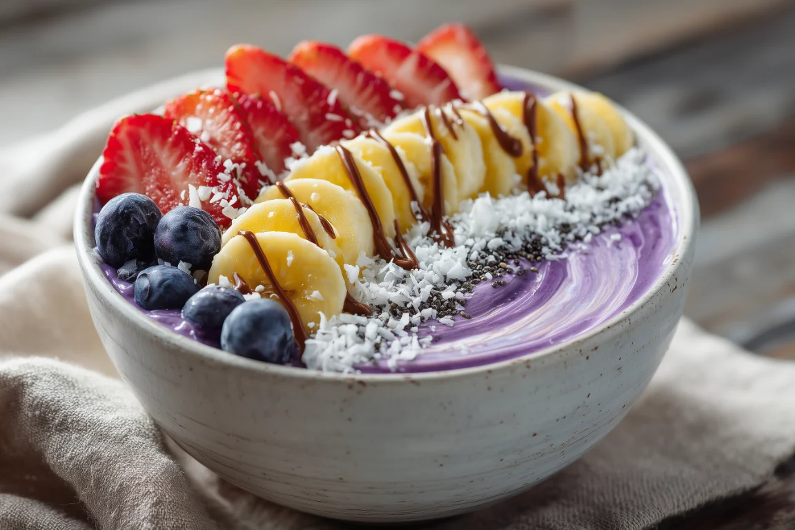 Best acai bowl near me in Hollidaysburg & Altoona PA – antioxidant-rich acai topped with fresh strawberries, bananas, blueberries, granola and honey at Allegheny Creamery