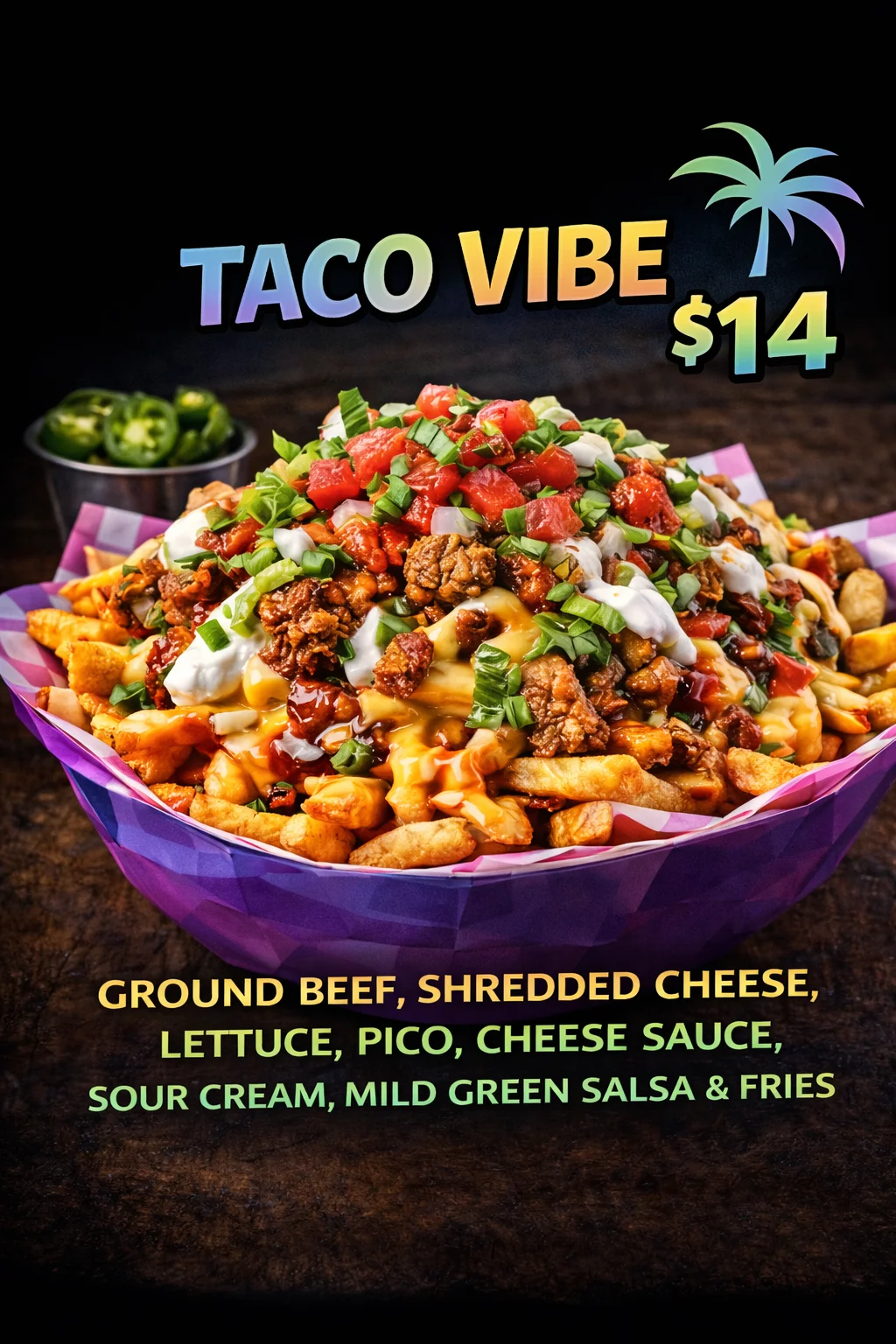 A hearty bowl of fries topped with ground beef, shredded cheese, lettuce, pico de gallo, cheese sauce, sour cream, and mild green salsa, creating a colorful and appetizing dish.