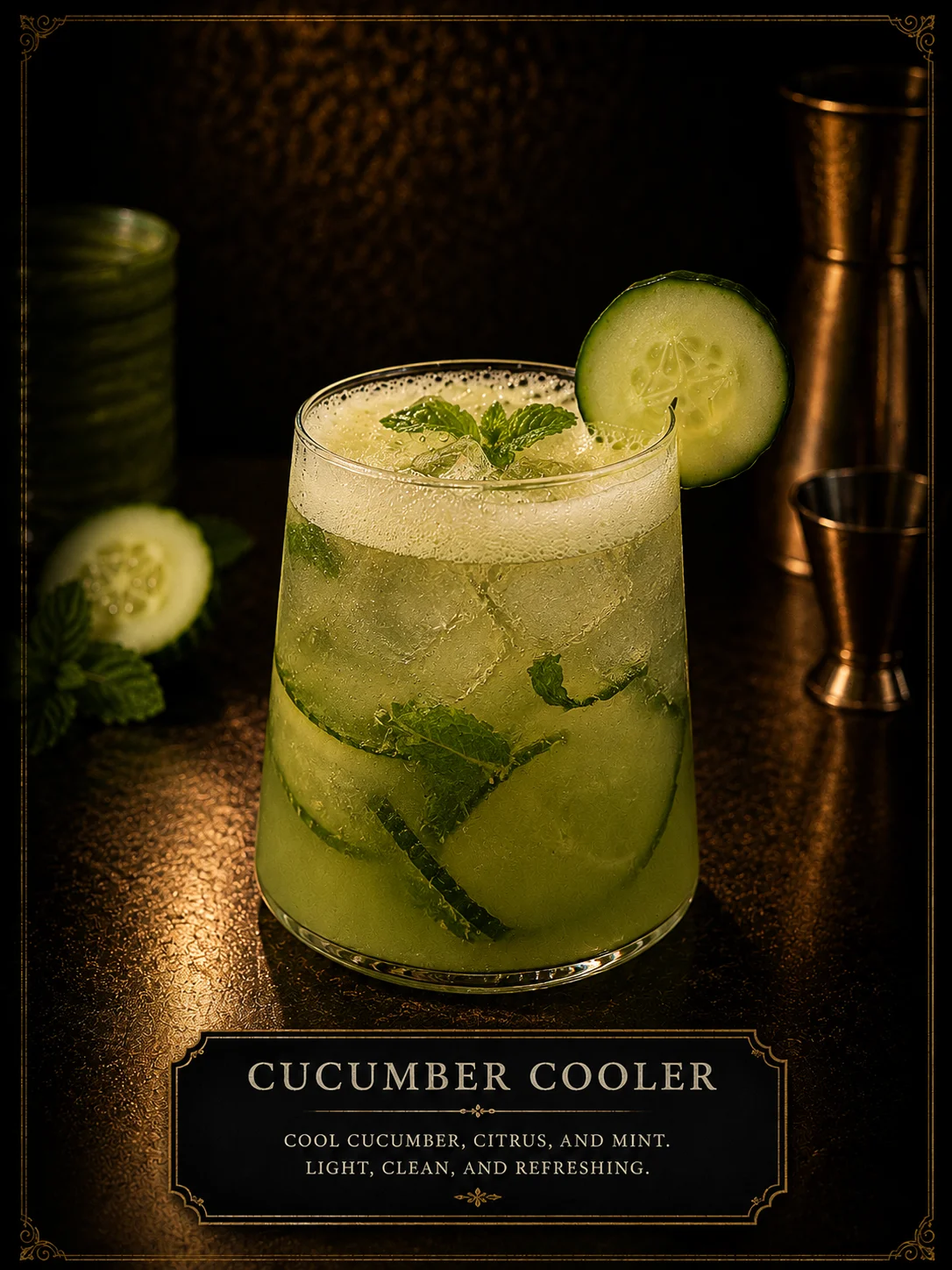 Refreshing cucumber cooler cocktail in a stylish glass