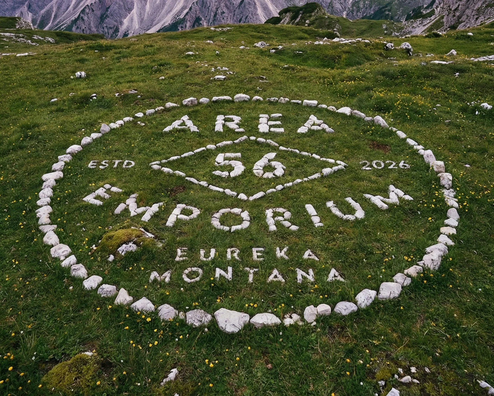 Scenic mountain view with stone logo of Area 56 Emporium