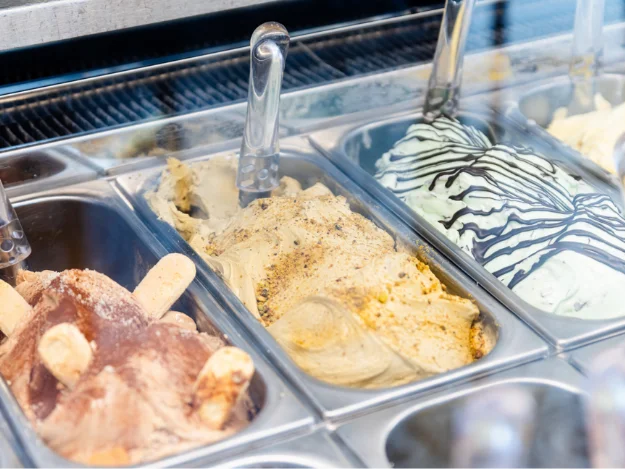 Assorted gelato flavors in a display case