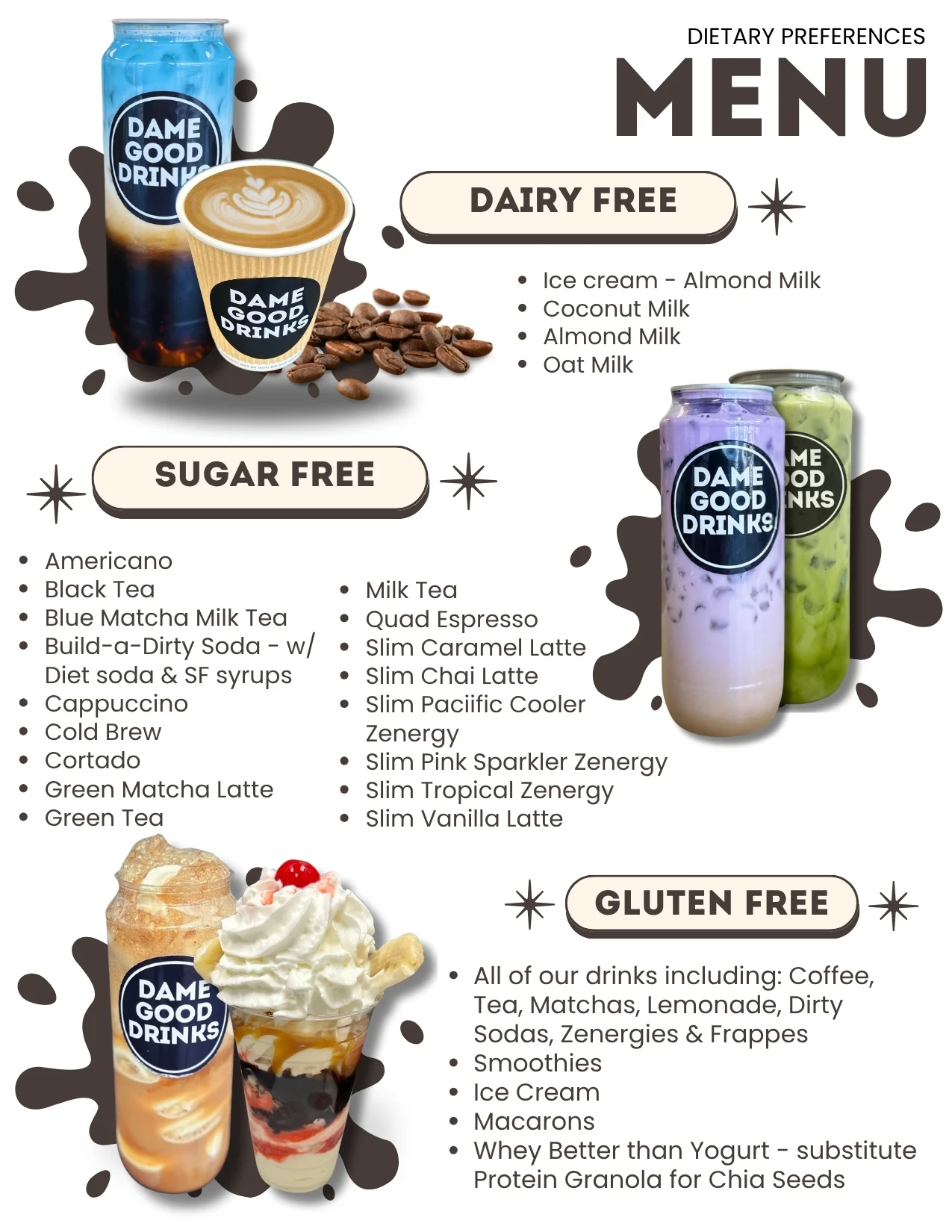 Diverse beverage menu featuring dairy-free and gluten-free options