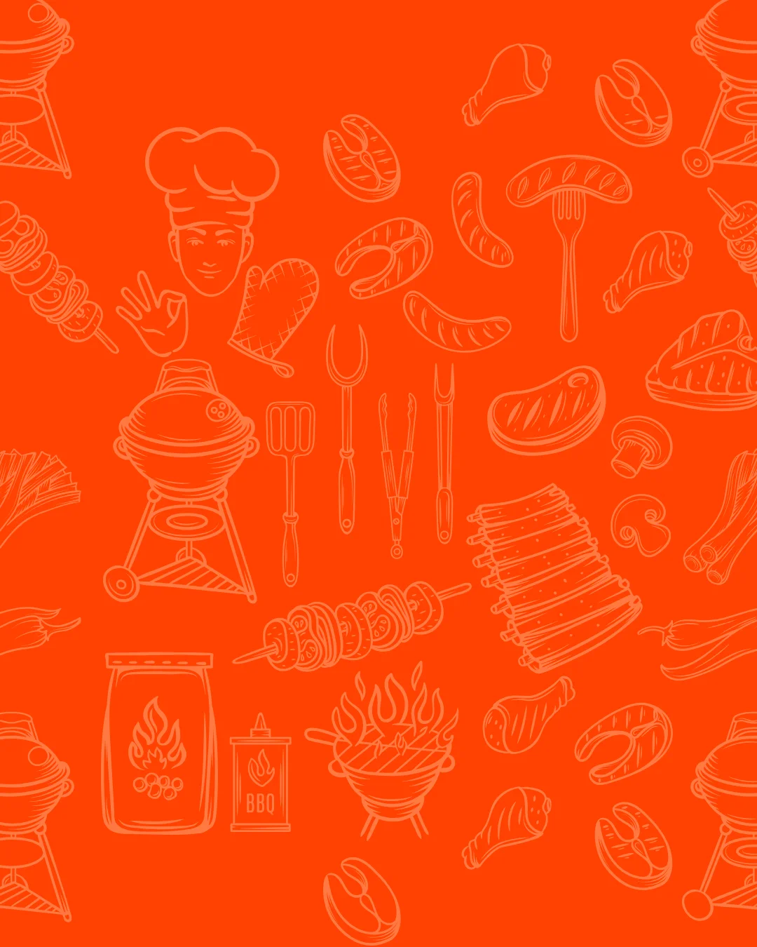 Illustration of BBQ tools and grilled meats on an orange background