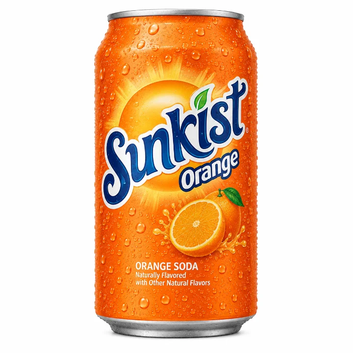 A can of Sunkist orange soda, showcasing an orange design with droplets, highlighting its refreshing nature.
