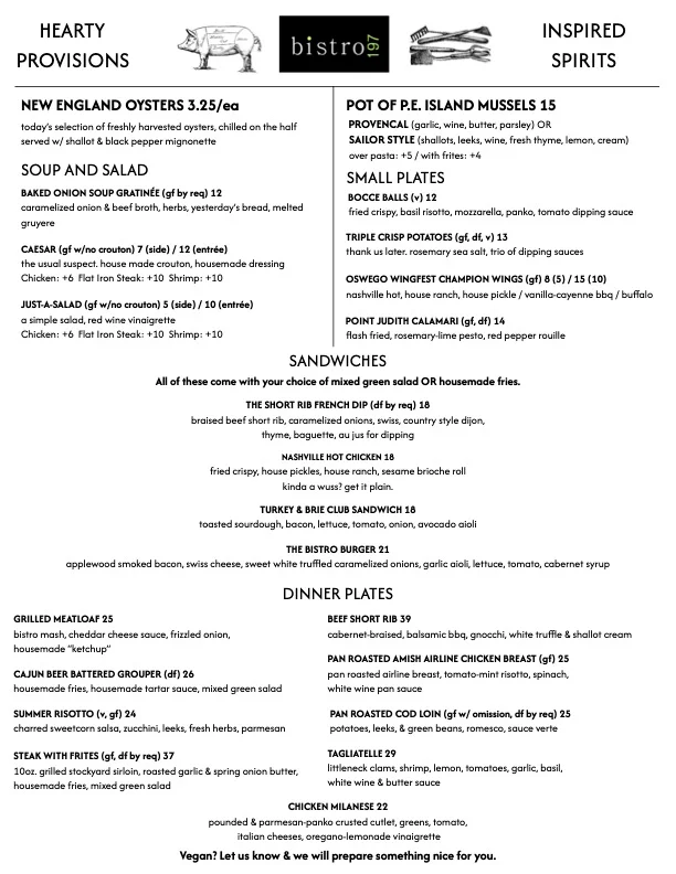 Bistro menu featuring diverse global dishes and drinks