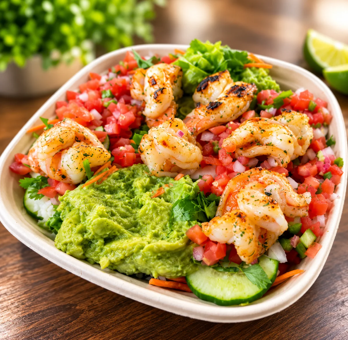 Colorful Mexican burrito bowl with grilled chicken